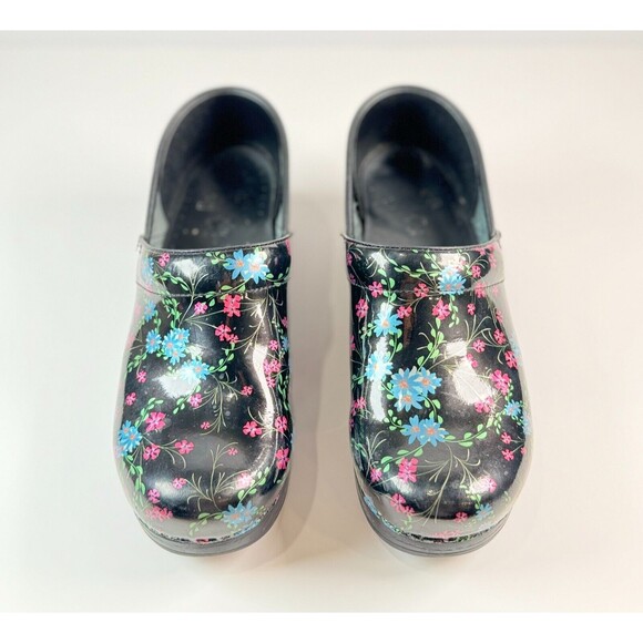 Dansko Womens Shoes Black Patent Leather Clogs Floral Slip On Nursing 38 US 8 - Picture 2 of 6